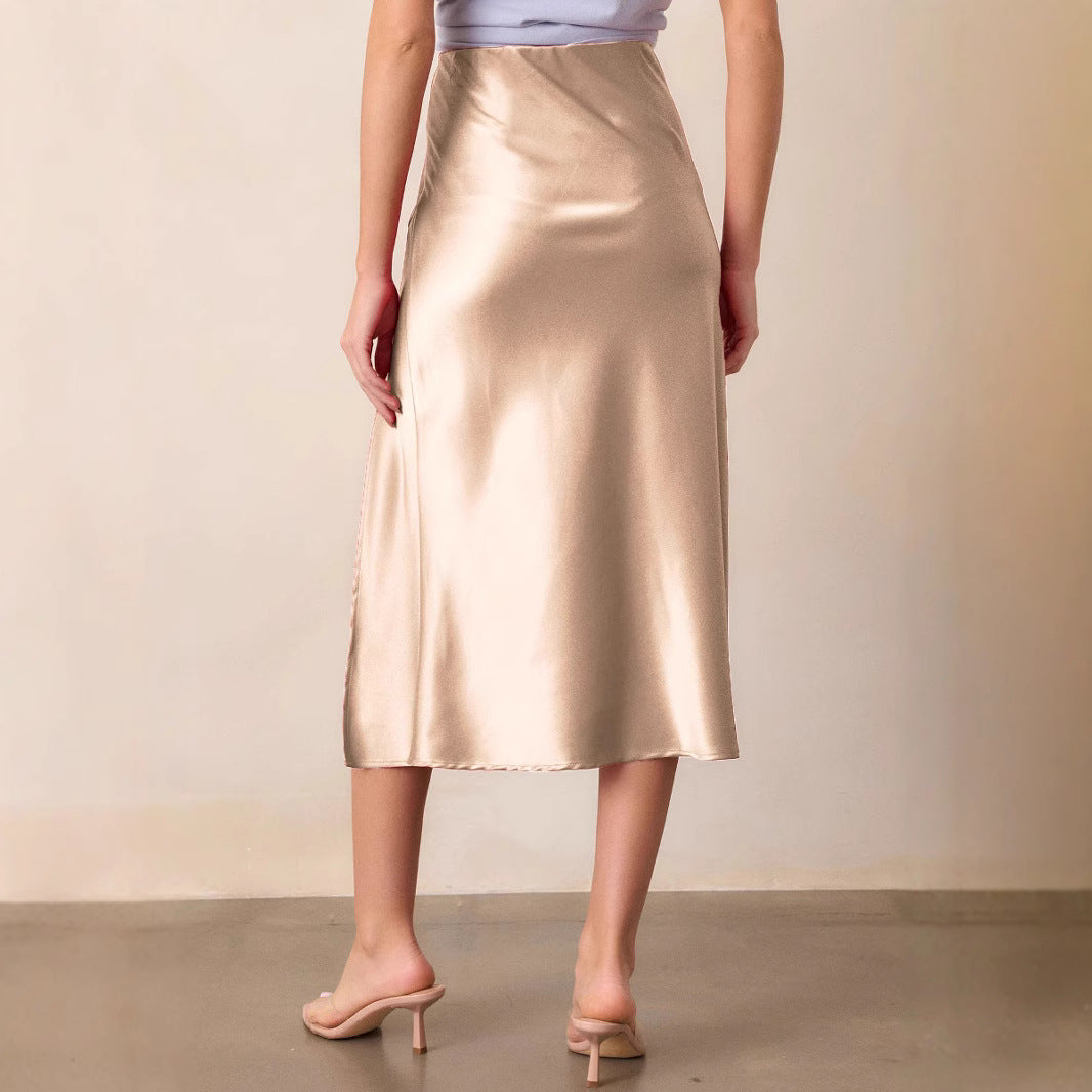 Women Clothing Satin Skirt High Waist Elastic Oblique Slit Long Skirt Sexy Hip Skirt