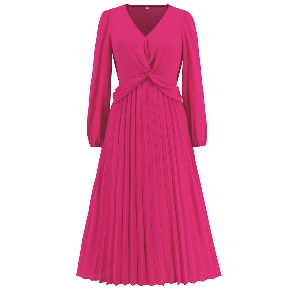 Women Clothing Long Sleeve V Neck Slim Fit Pleated Dress Solid Color Lantern Sleeve Maxi Dress Popular Pink