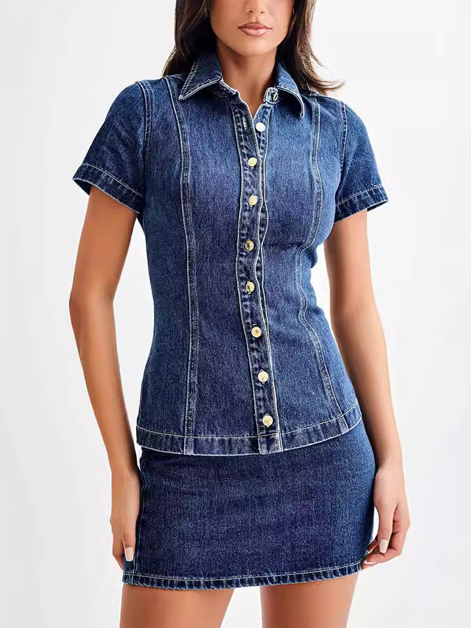 Women Denim Short Sleeve Button High Waist Skirt Sets Dark Blue Set