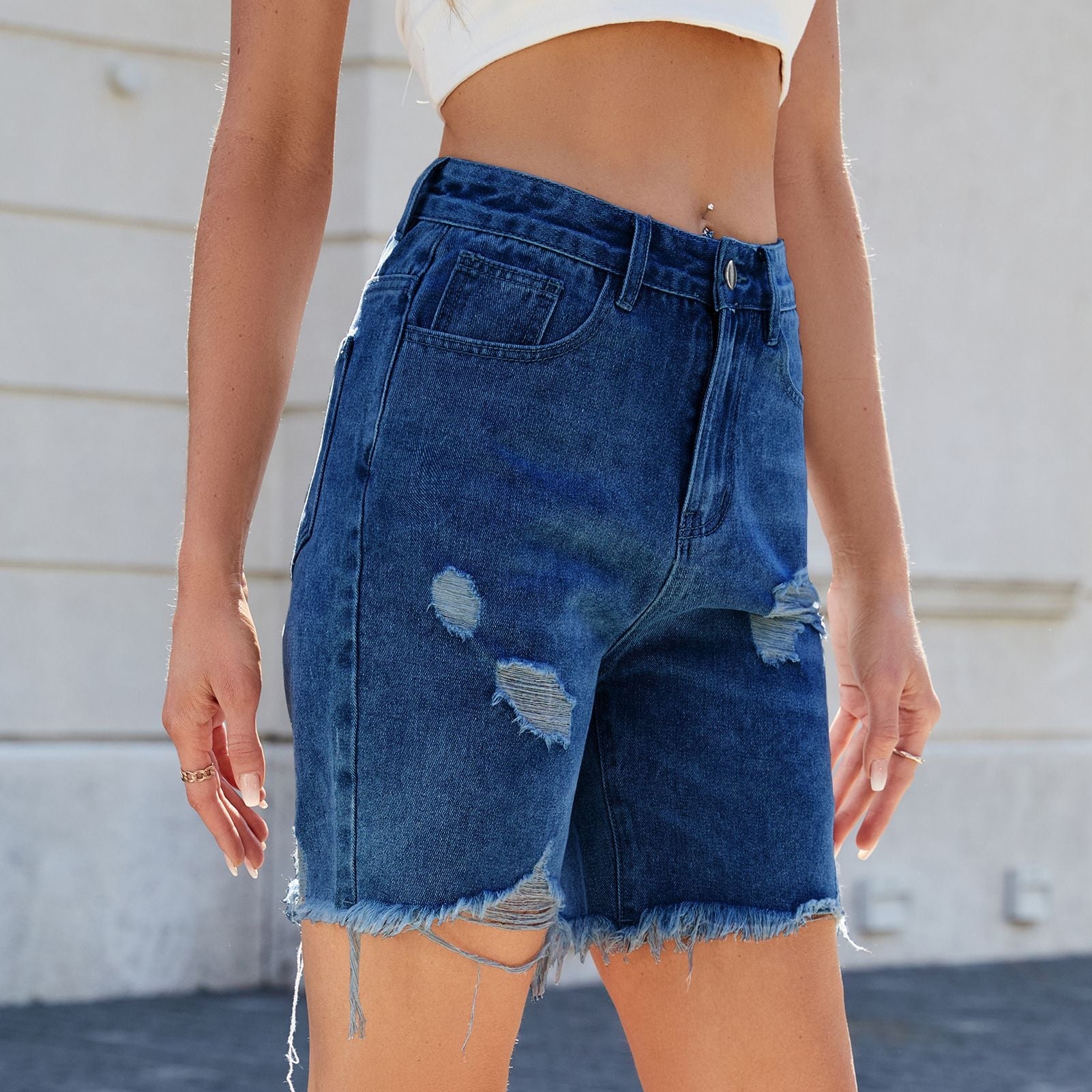 Women Summer Washed Casual Ripped Denim Shorts Fifth Pants Navy Blue