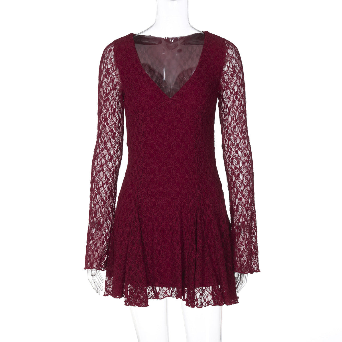 Women Clothing Autumn Winter French Sexy V neck Lace Hollow Out Cutout out Cinched Slimming Dress Burgundy