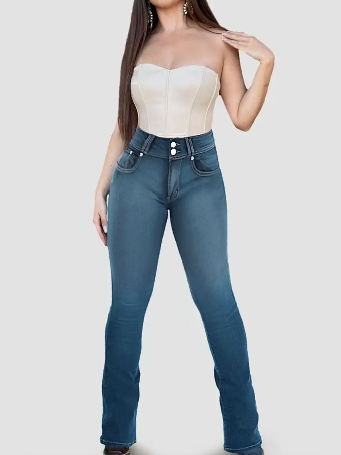 Women Clothing Stretch Hip Lift Double Waist Washed Jeans Women Blue