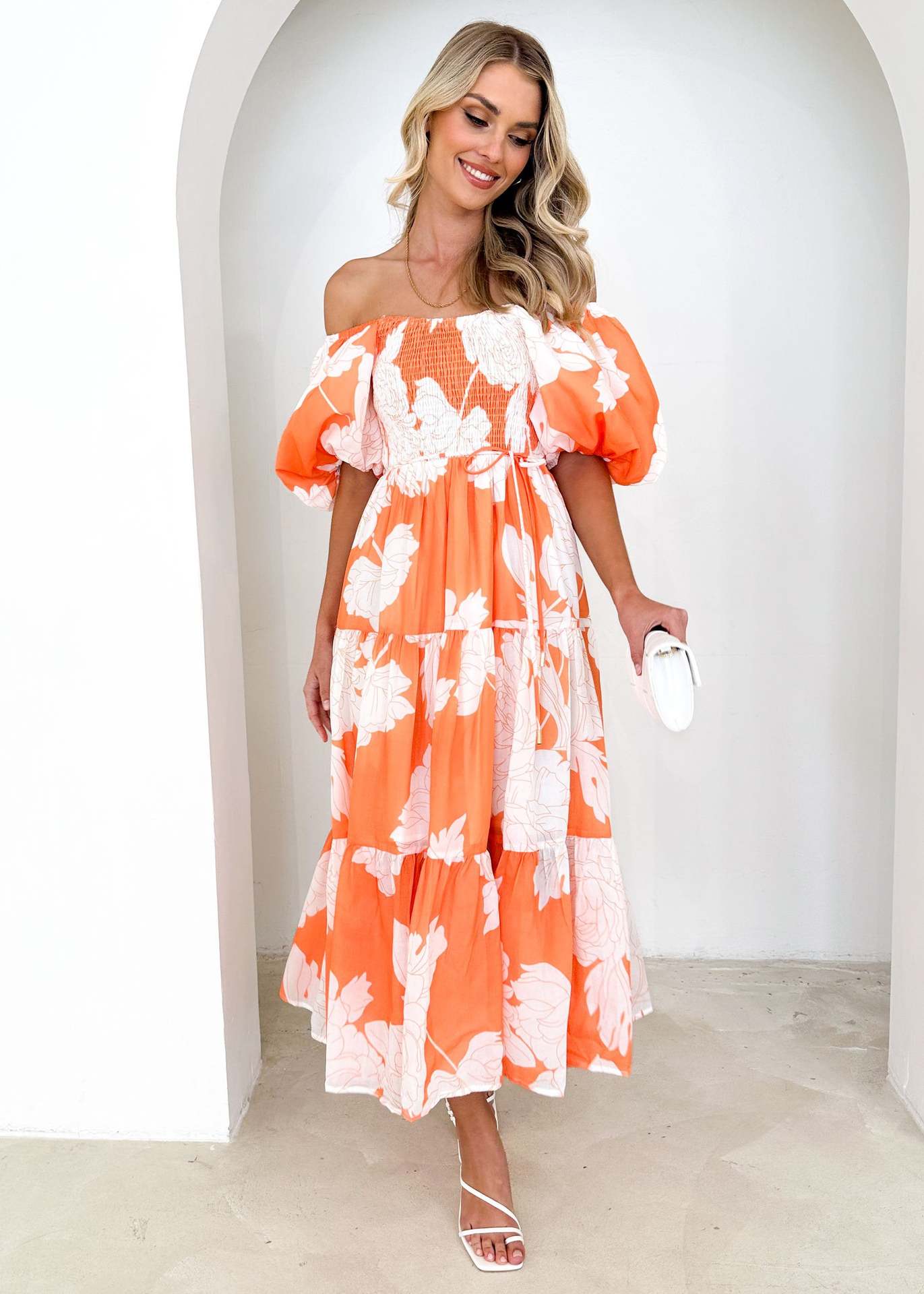 Women Clothing Elegant Floral Print off Shoulder Puff Sleeve Dress Women