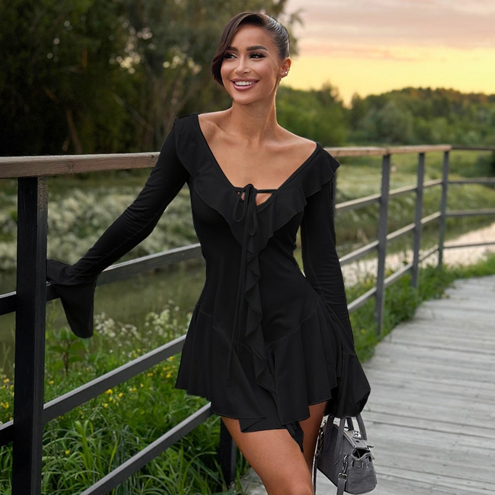 Women Clothing Ruffled Pointed Collar Rope Bell Sleeve Dress Black