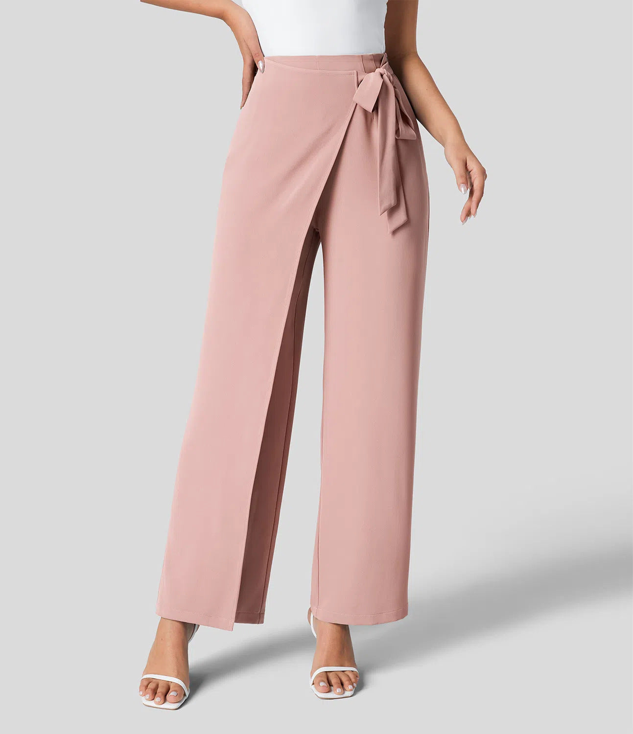 Workwear Women Work Pant Casual Texture Wide Leg Professional Trousers Belt Pants Pink