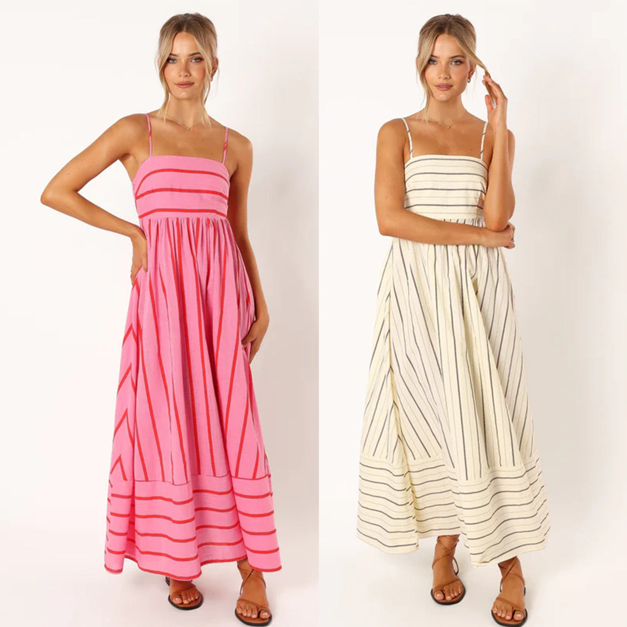 Women Striped Sleeveless Strap Backless Large Swing Casual Dress