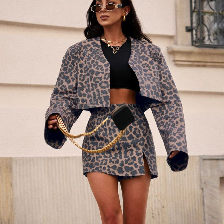 Women Clothing Personality Street Leopard Print Skirt Set Women Long Sleeved Short Top Slit Sheath Skirt Two Piece Set