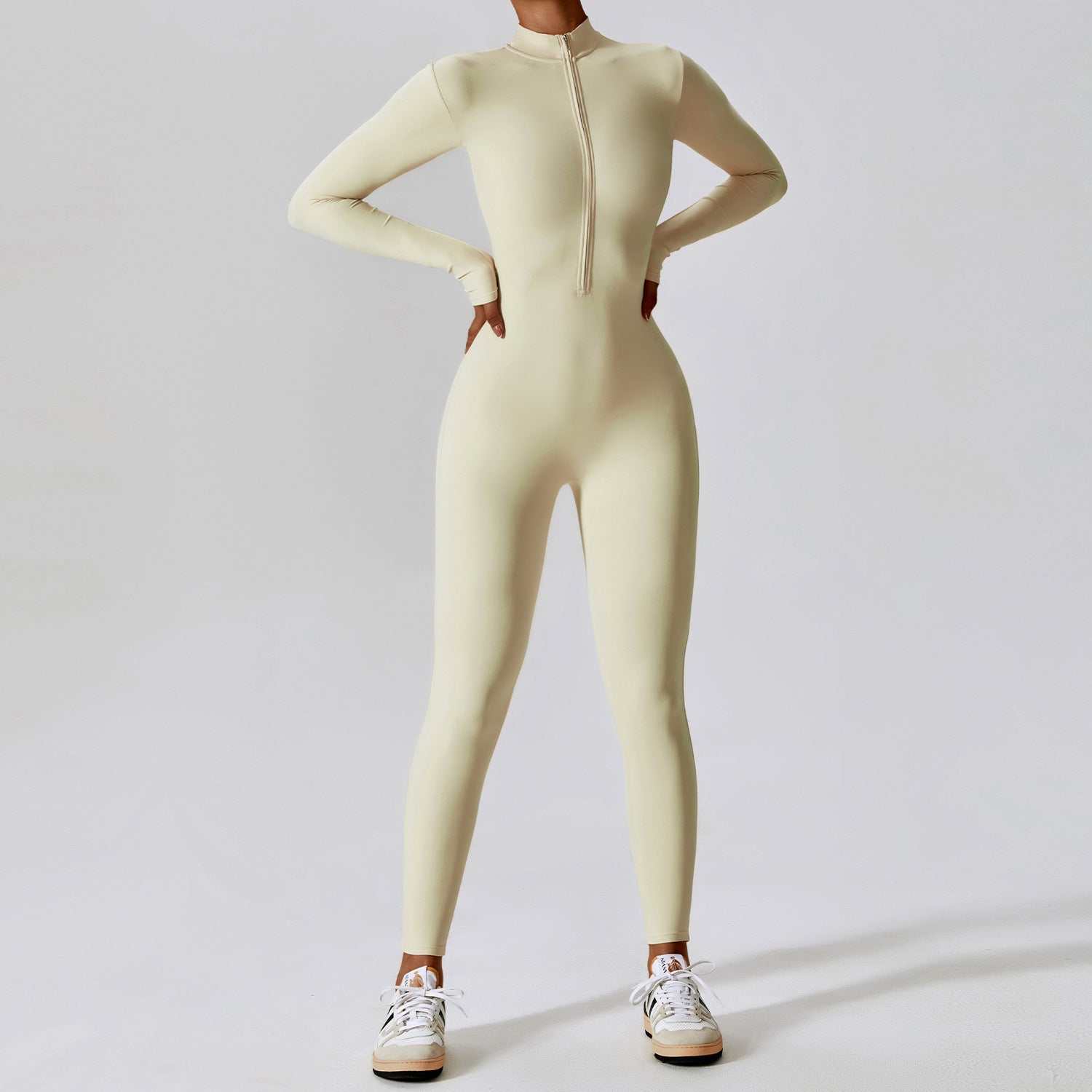 Zipper Nude Feel Long Sleeve Yoga Jumpsuit High Strength Fitness One Piece Tights Oat Apricot