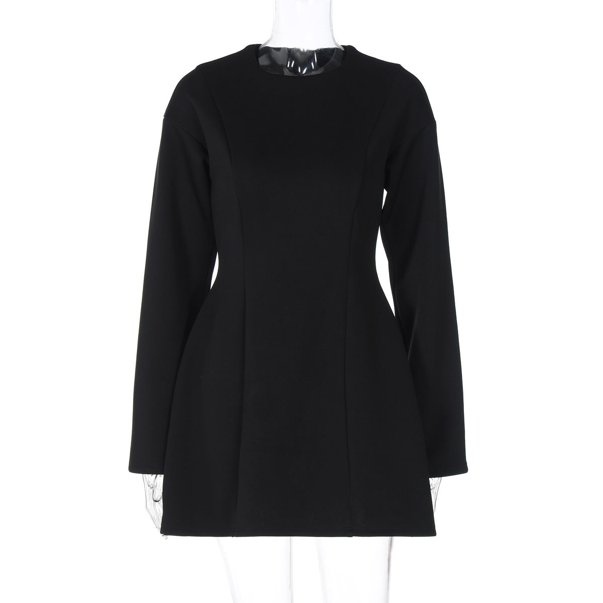 Women Clothing Winter Crew Neck Waist Tight Long Sleeve Zipper Dress Black