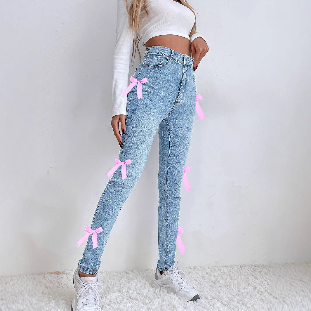 Women Trendy Unique Bow Stretch Denim Trousers