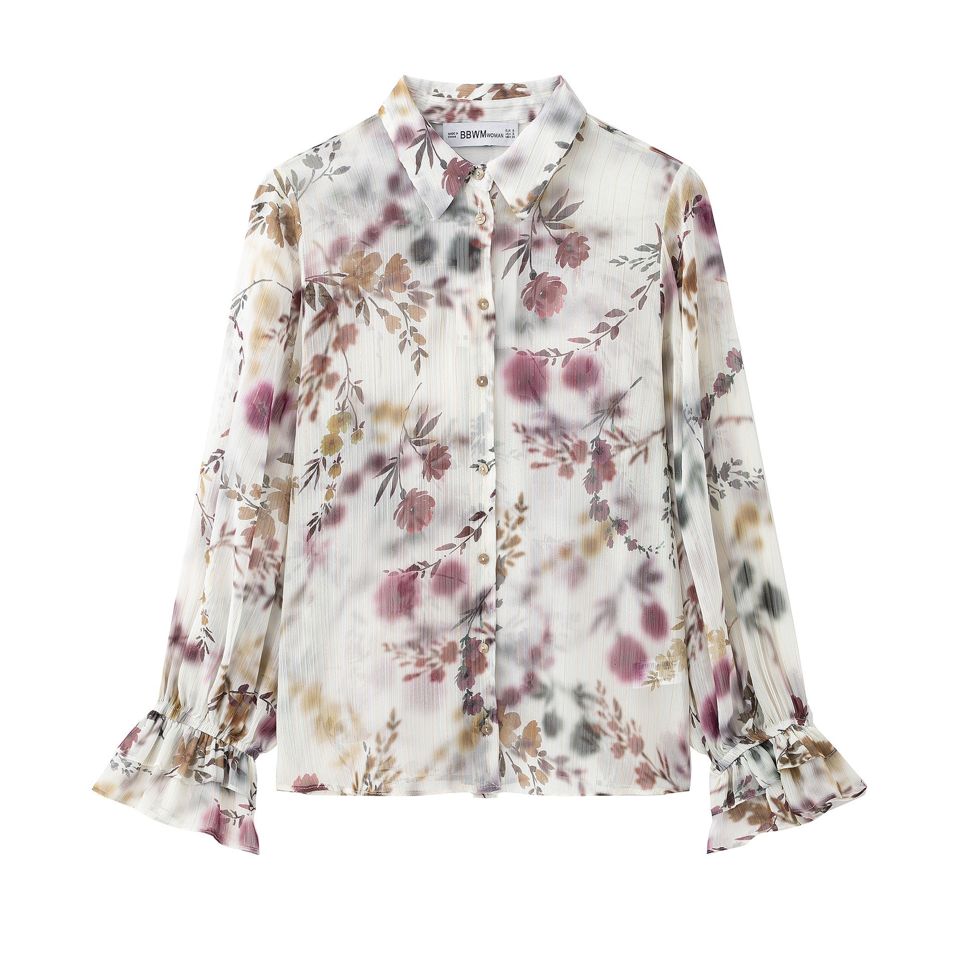 Spring Pastoral Metal Color Line Printing Collared Long Sleeve Shirt Floral Shirt