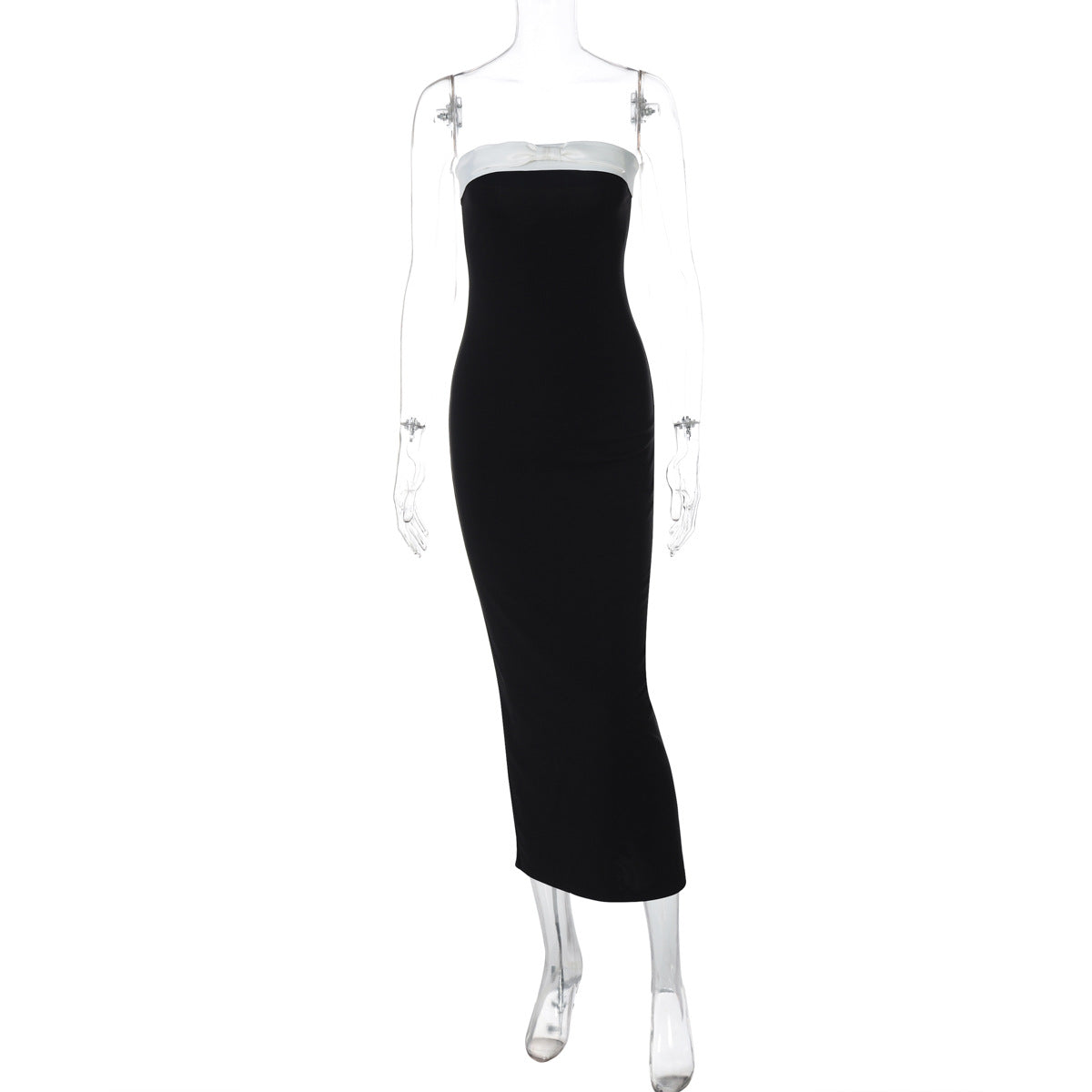 Women Clothing Spring Summer Sexy Tube Top Black White Color Matching Waist Slimming Slit Dress Black