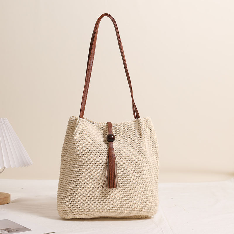 Wooden Bead Tassel Shoulder Cotton Thread Woven Bag Pleated Straw Bag Vacation Beach Bag Women Bag One Size M