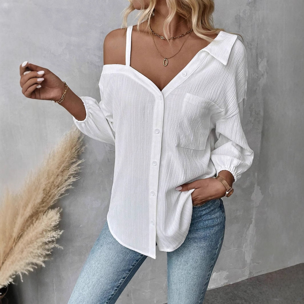 Spring Summer Collared Three Quarter Sleeve off Shoulder Cardigan Texture Single Breasted Casual Shirt White