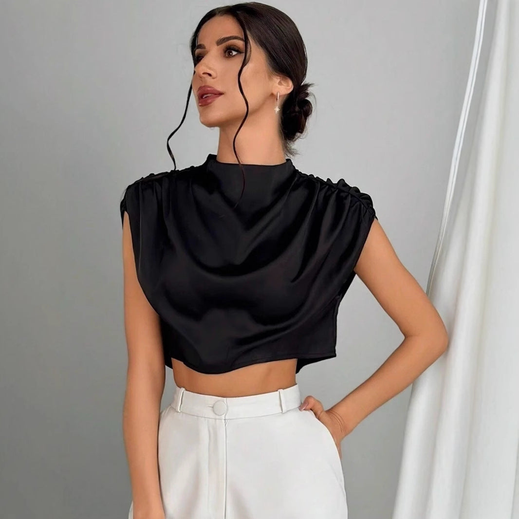 Women Clothing Pleated Batwing Sleeve Satin Shirt Stand Alone Satin Artificial Silk Short Top