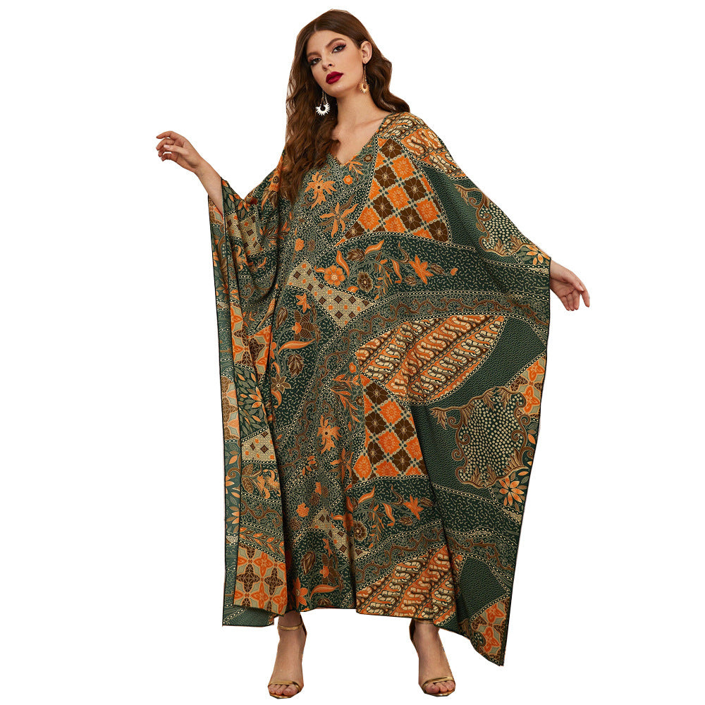 Women Clothing Irregular Asymmetric Dress Fall Long Printed V neck Batwing Sleeve Green