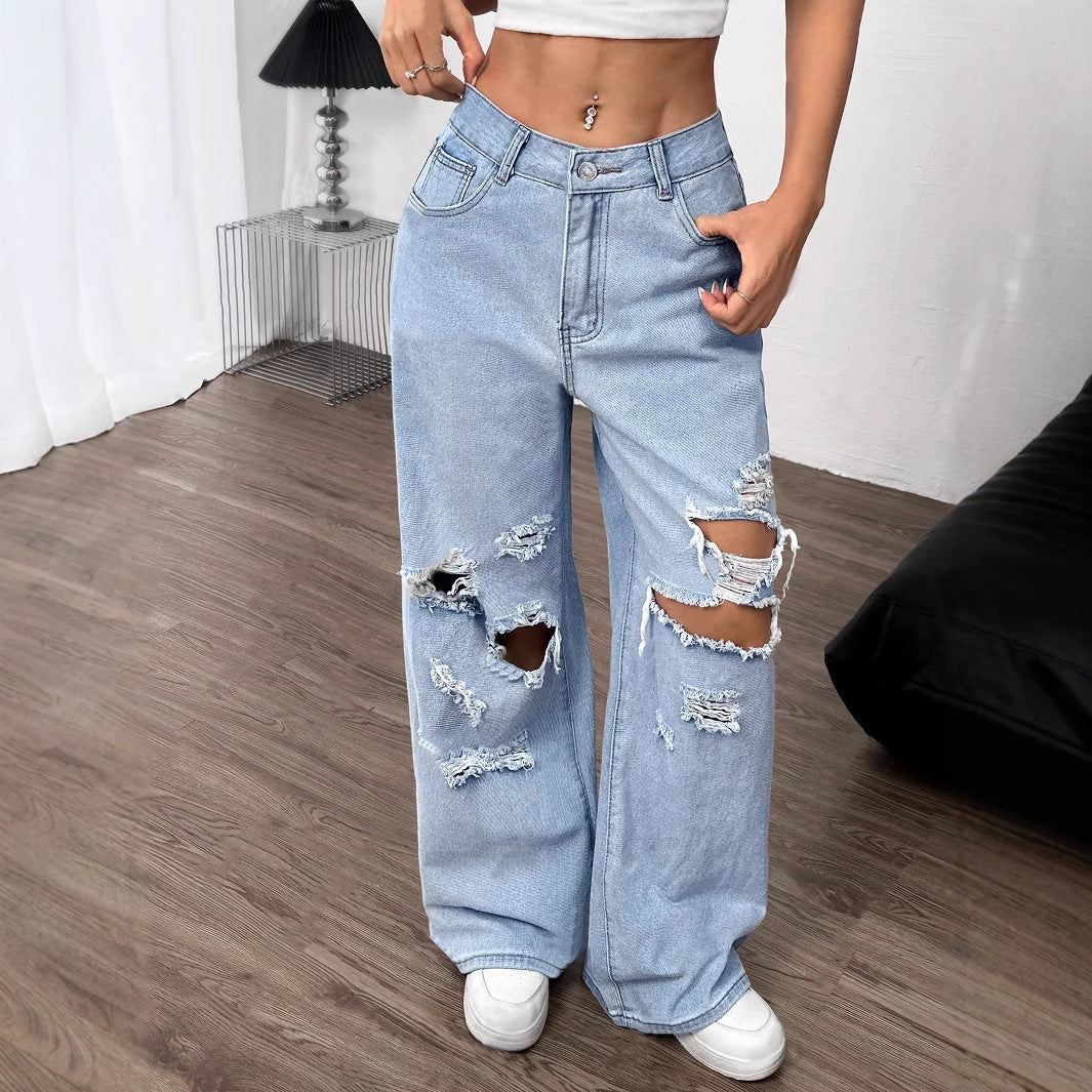 Women Clothing Loose Butterfly Embroidery Ripped Denim Trousers