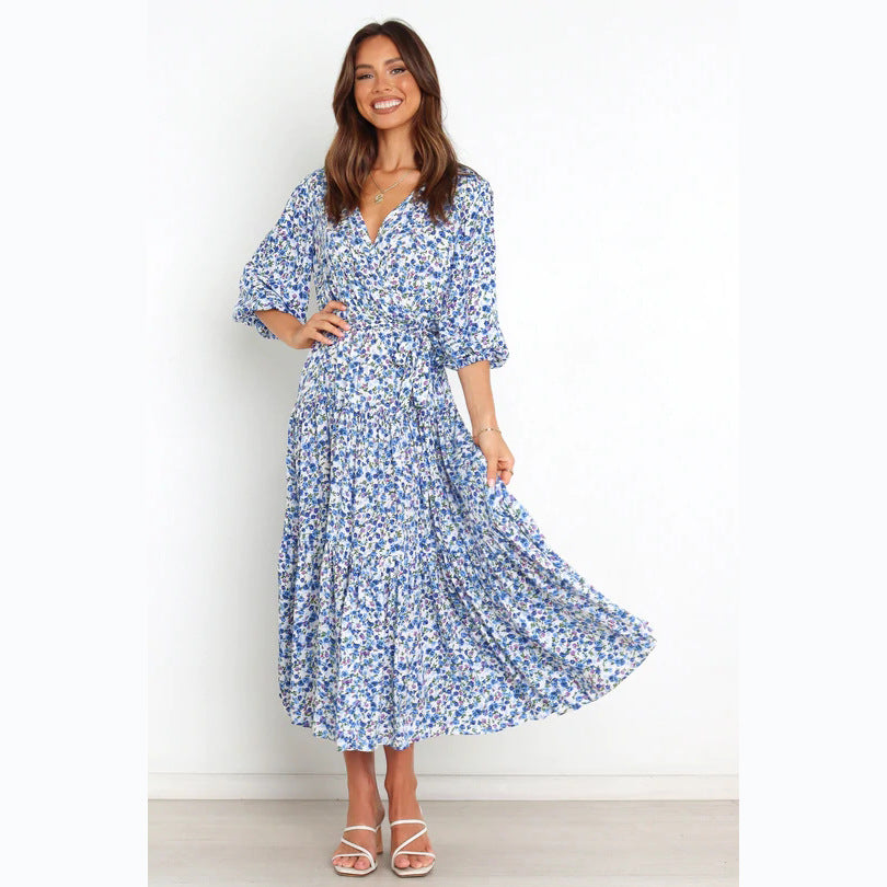 Spring Summer Floral Fresh Sweet Mid-Sleeve V neck Dress