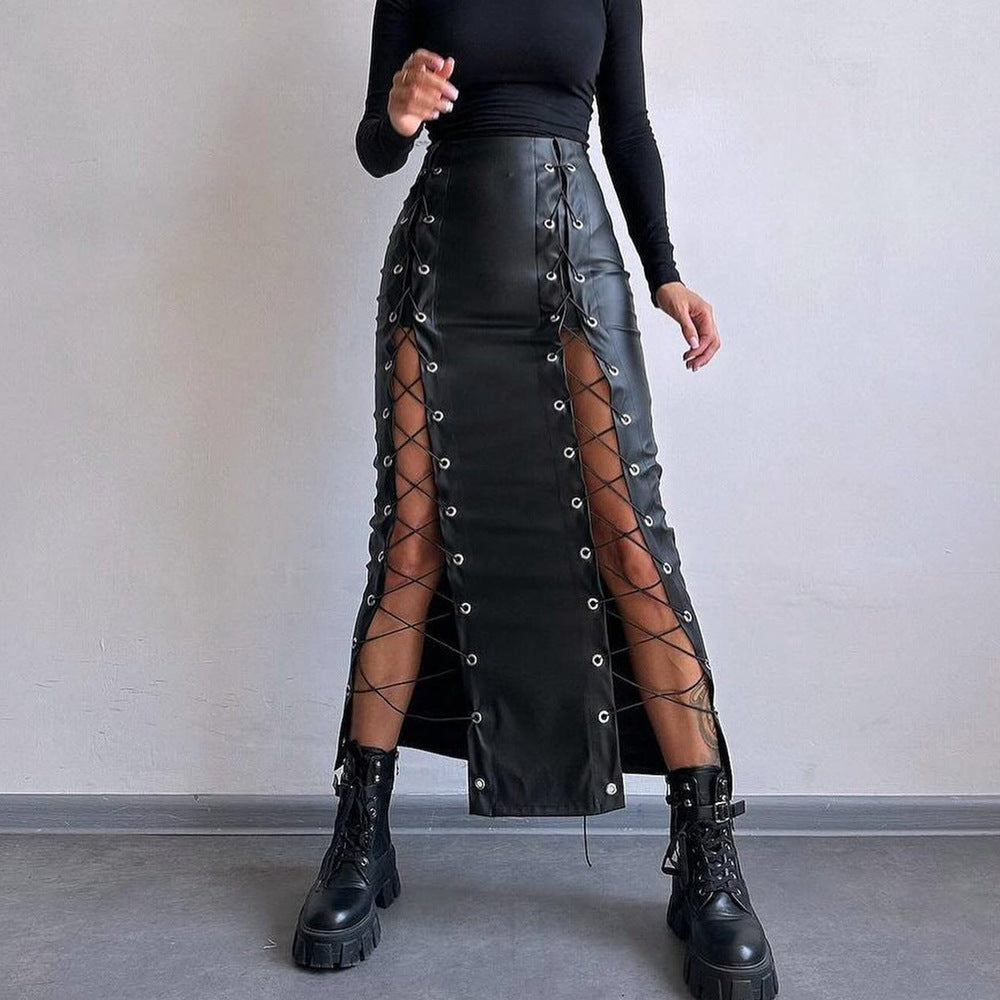 Women Clothing Spring Faux Leather Sexy Solid Color Split Lace up Sheath Slimming Skirt Black