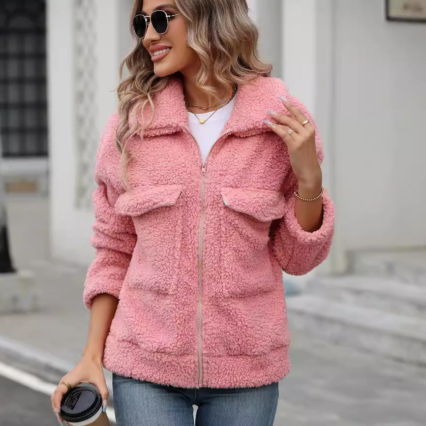 Women Clothing Autumn Winter Loose Lapels Large Pocket Zipper Plush Coat