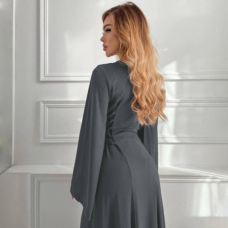 Women Clothing Autumn Winter Fashionable Elegant Slim Back Lace up Waist Controlled Long Sleeve Dress