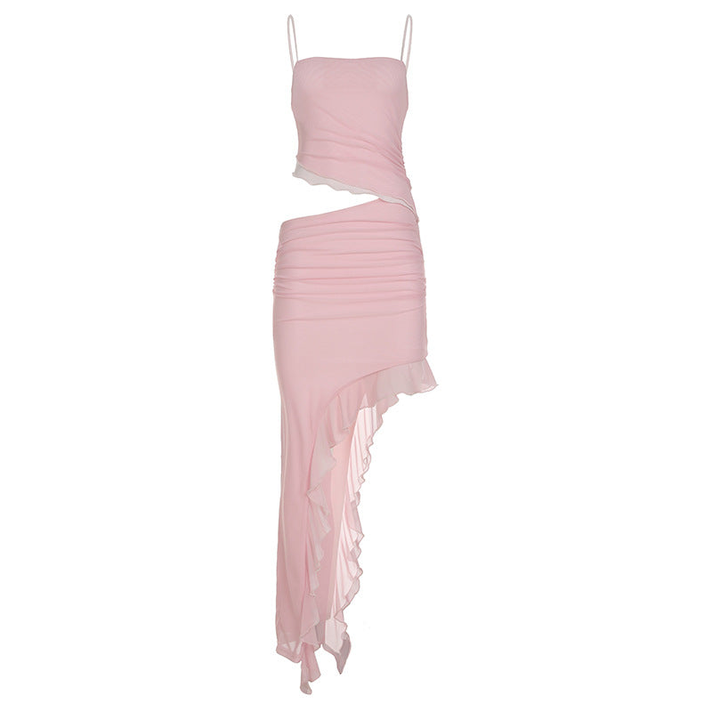 Vacation Women Clothing Cropped Outfit Ruffled Mesh Dress Irregular Asymmetric Solid Color Elegant Graceful Halter Pink