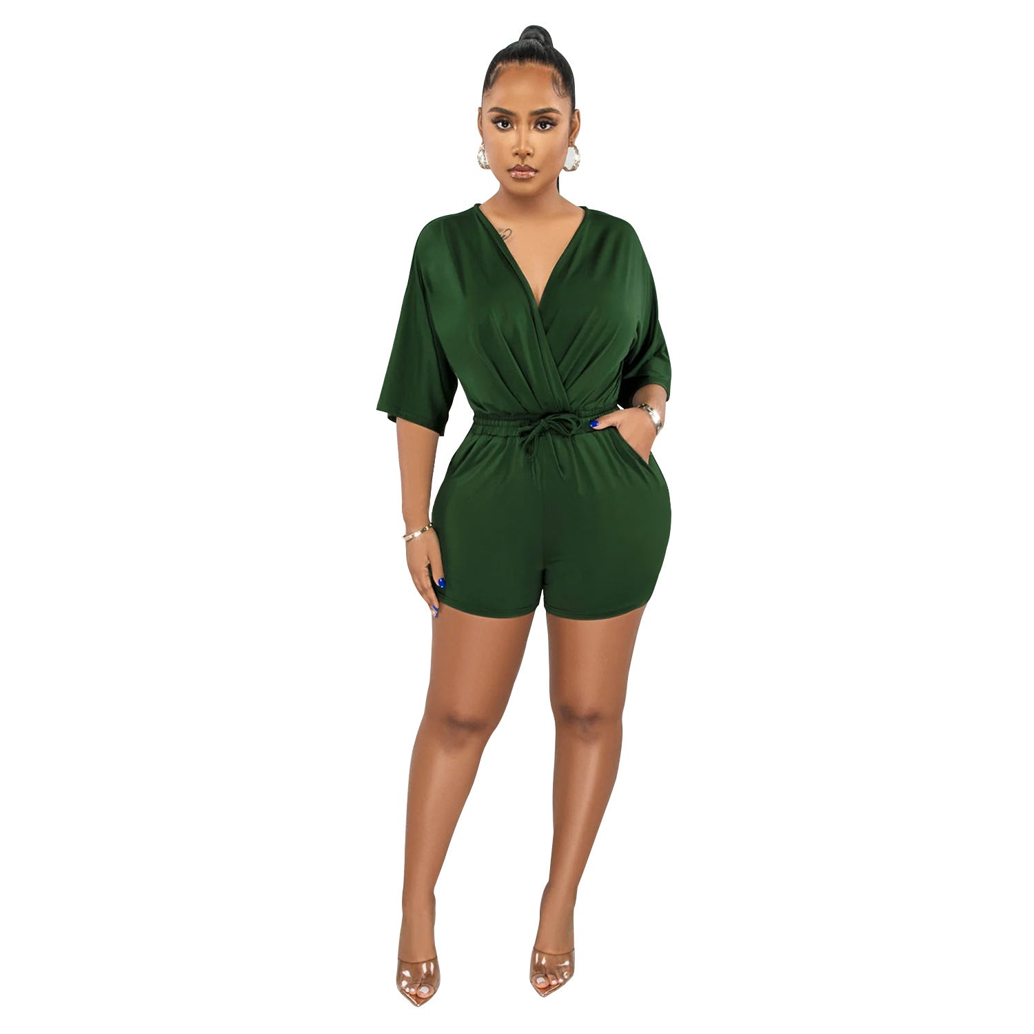 Women Wear Solid Color Tied V Neck Half Sleeves Shorts Jumpsuit Women Dark Green