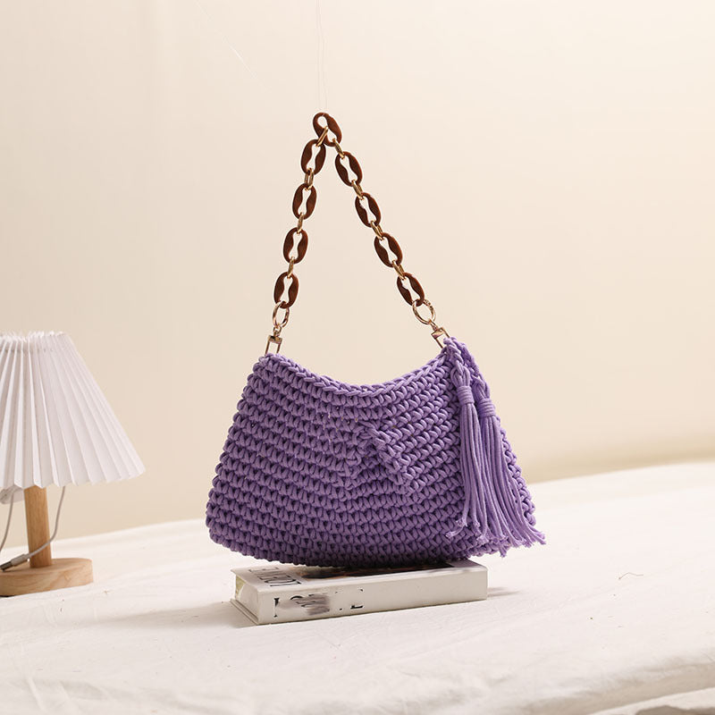 Underarm Cotton Thread Woven Bag Tassel One Shoulder Straw Bag Vacation Beach Bag Niche Women Bag One Size Clip Tassel Purple