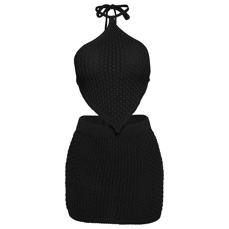 Spring Sexy Backless Knitted Tied Top Solid Color Hip Skirt Two Piece Sets Women Black