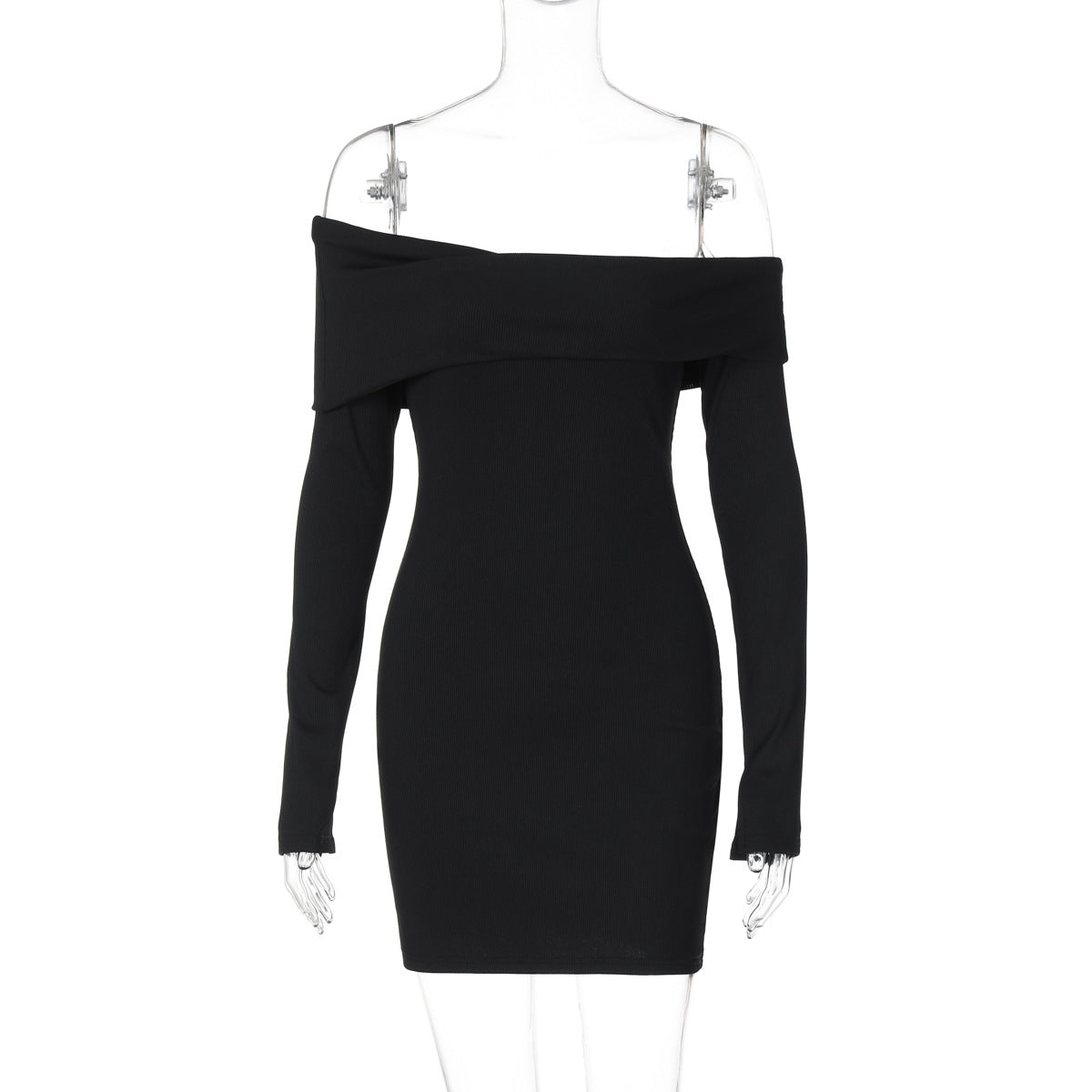 Women Clothing Autumn Slim Solid Color Sheath Dress Black