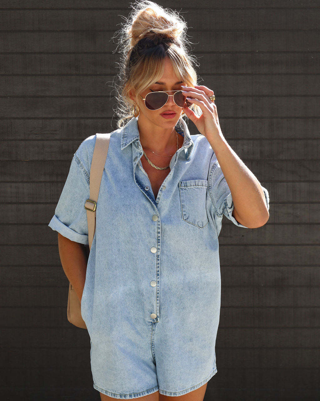 Summer Street Hipster Collared Short Sleeve Shorts Denim Jumpsuit