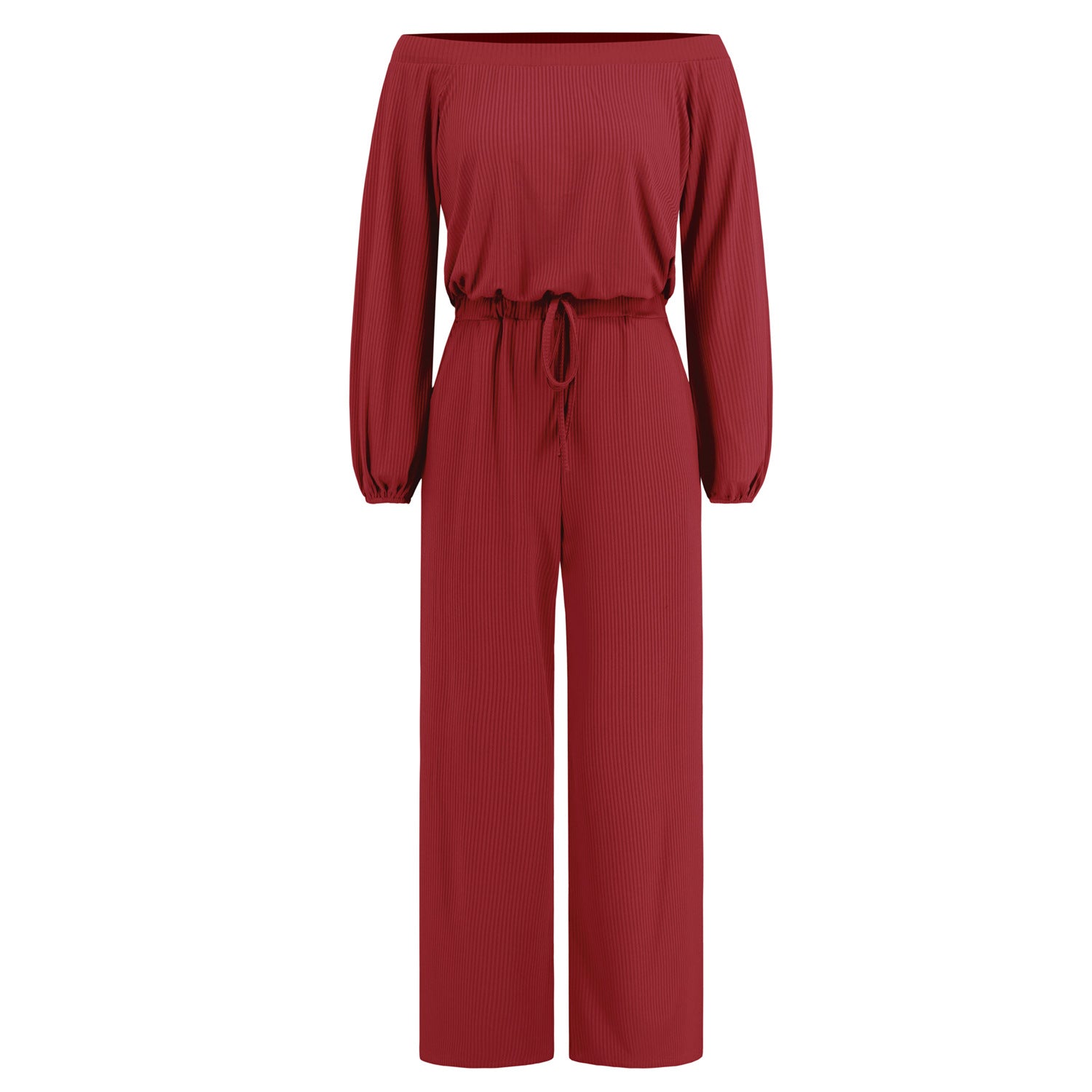 Women Clothing Autumn Winter Casual Off Shoulder Long Sleeve Waist Slimming Jumpsuit Lace Up Wide Leg Trousers Red