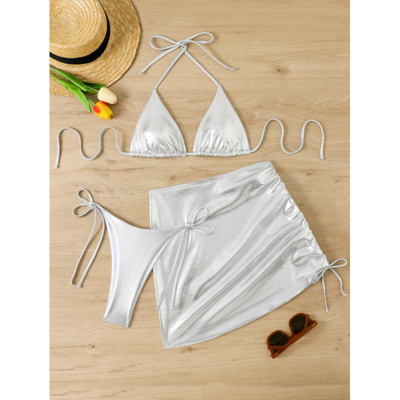 Swimwear Women Bronzing Three Piece Sexy Bikini Solid Color Metal Split Triangle Bag Beach Swimsuit Silver