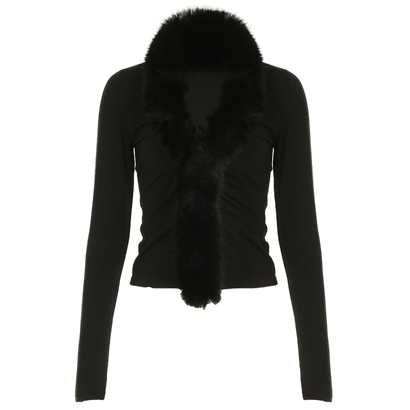 Women Clothing Elegant Lady Fur Collar Stitching Black Slimming Top Sexy Long Sleeve Bottoming Sweater Black