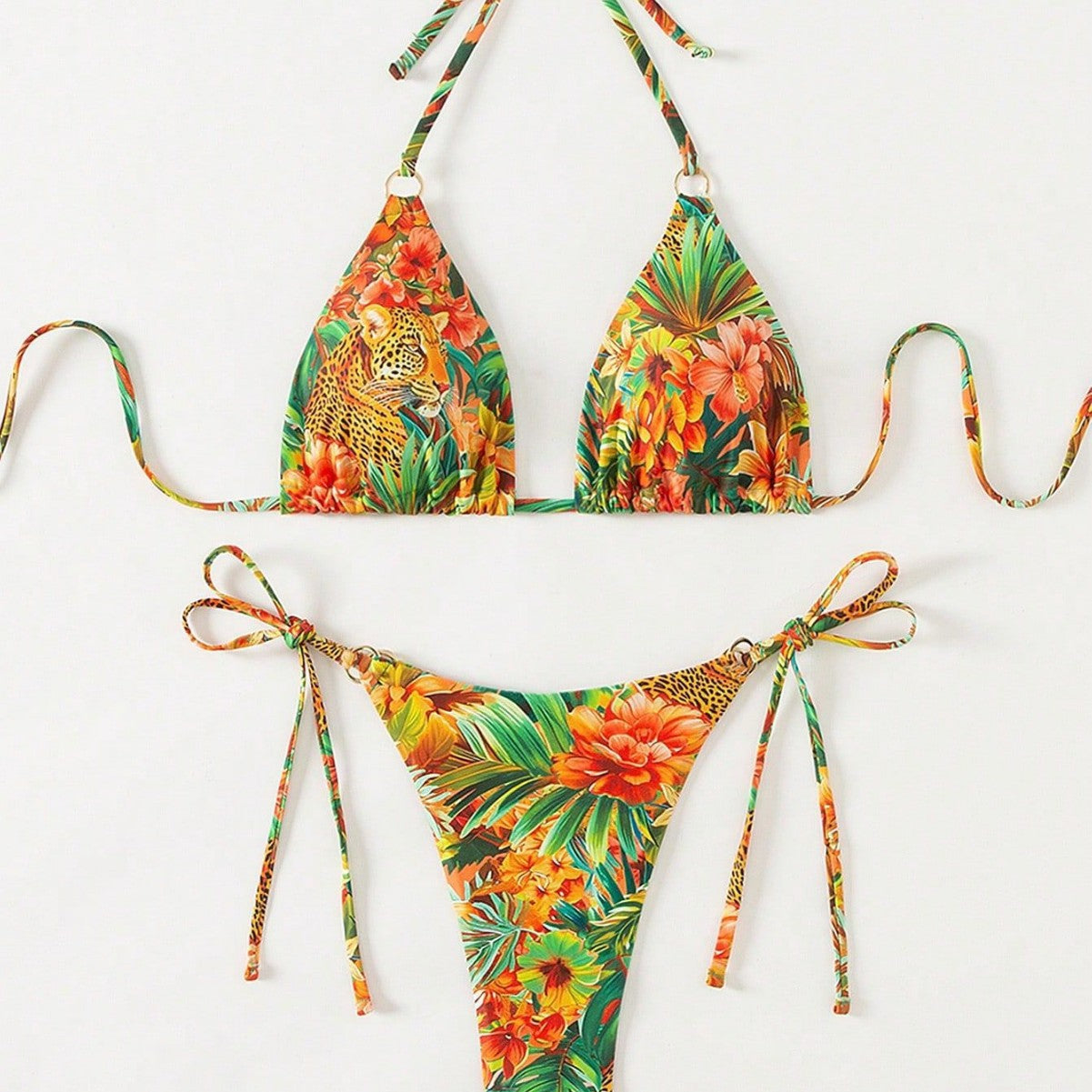 Swimwear Printed Bikini Sexy Bikini Women Lace up Halter Ring Split Swimsuit Multi