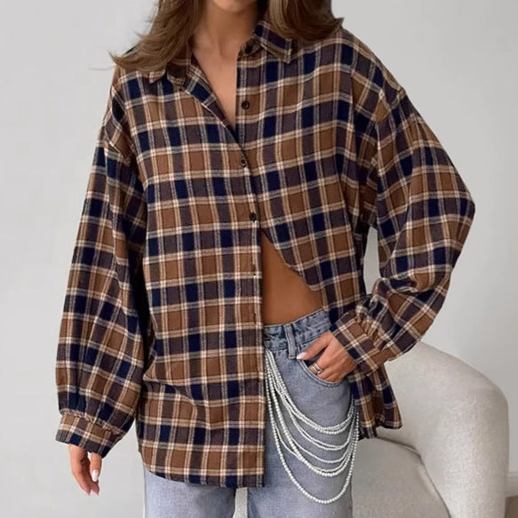 Spring Summer Brown Plaid Collared Loose Shirt Casual Cardigan Women