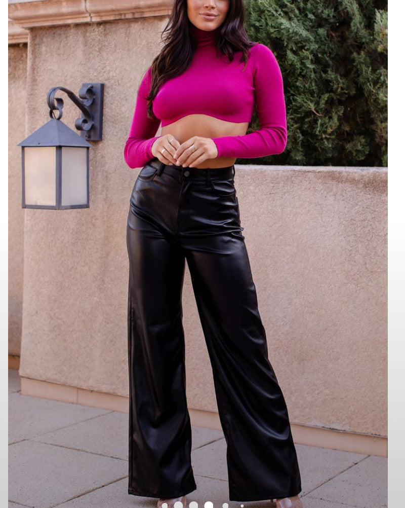 Women Clothing Autumn Winter High Waist Faux Leather Wide Leg Straight Casual Leather Pants Retro Trousers Women Black