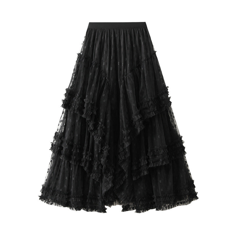 White Refined Handmade Lace Stitching Irregular Asymmetric Mesh Skirt One Size Black