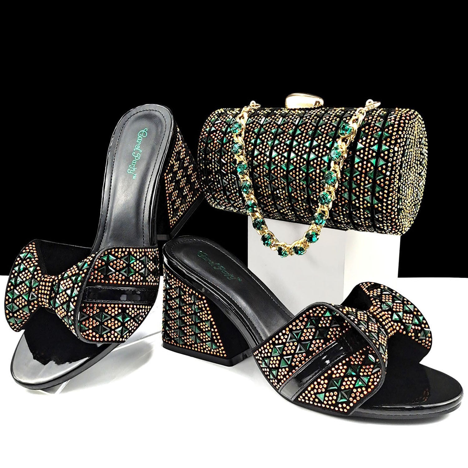 Women Shoes Bags Two Piece Sets Summer Mouth High Heel Slippers Color Matching Rhinestone Embellished Cylindrical Bag Casual Green