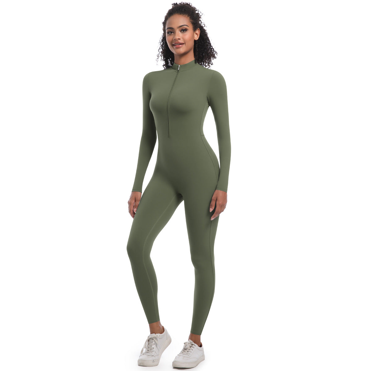 Zipper Nude Feel Long Sleeve Yoga Jumpsuit High Strength Running Fitness Clothes Sports Trend One Piece Tights Green