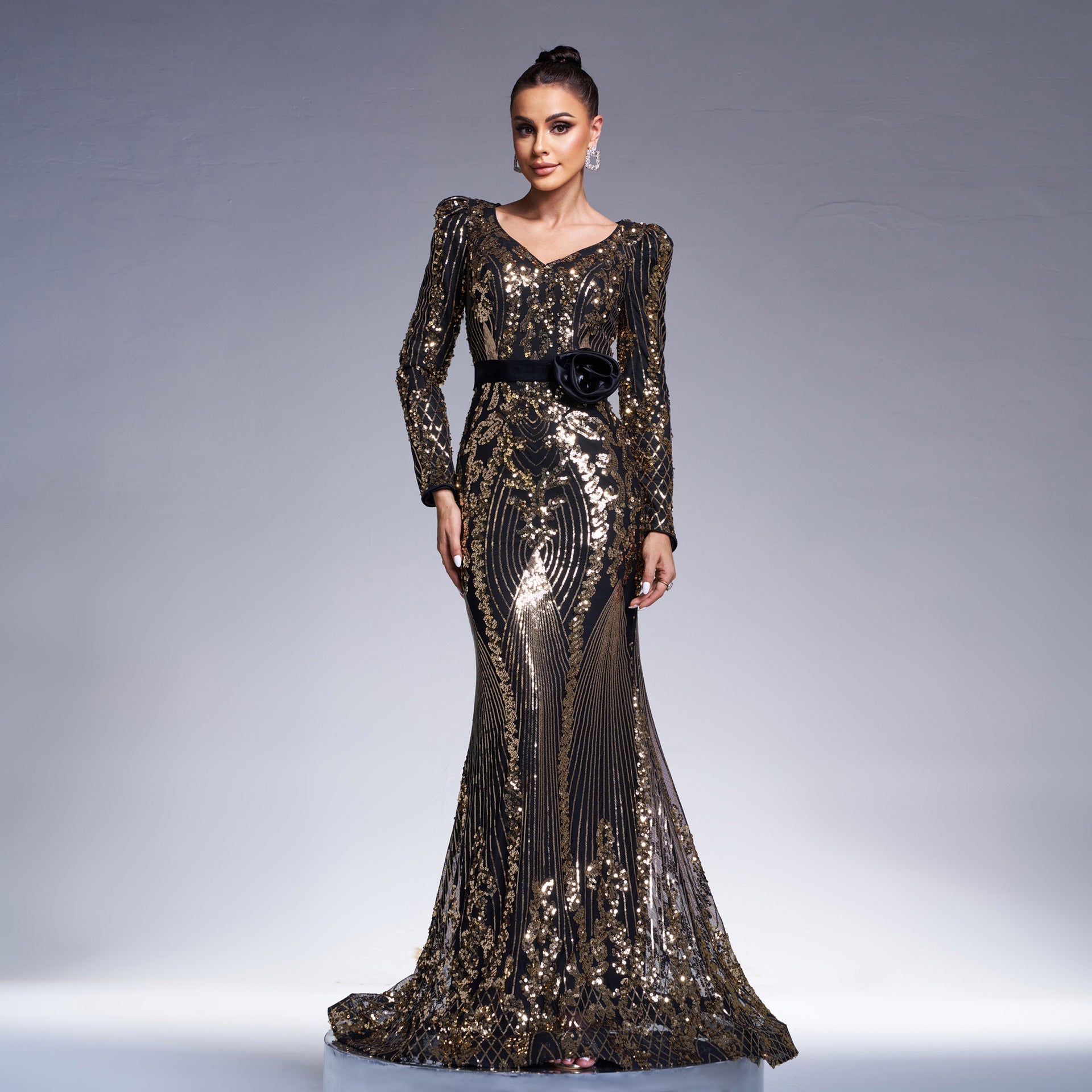 Women Clothing High End Long Sleeved V neck Slim Fit Sheath Cocktail Sequined Fishtail Evening Dress Dress