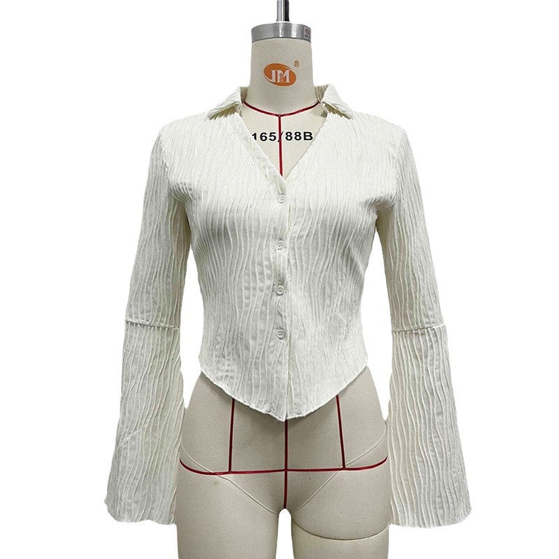 Spring Mechanism Jacquard Shirt Women Sexy Slim Collared Women Cardigan Bell Sleeve Top Creamy white