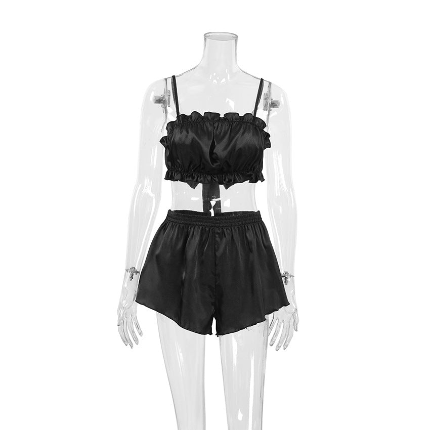 Summer Satin Design Sexy Pajamas Sexy Tied Spaghetti-Strap Shorts Two Piece Set Homewear Black