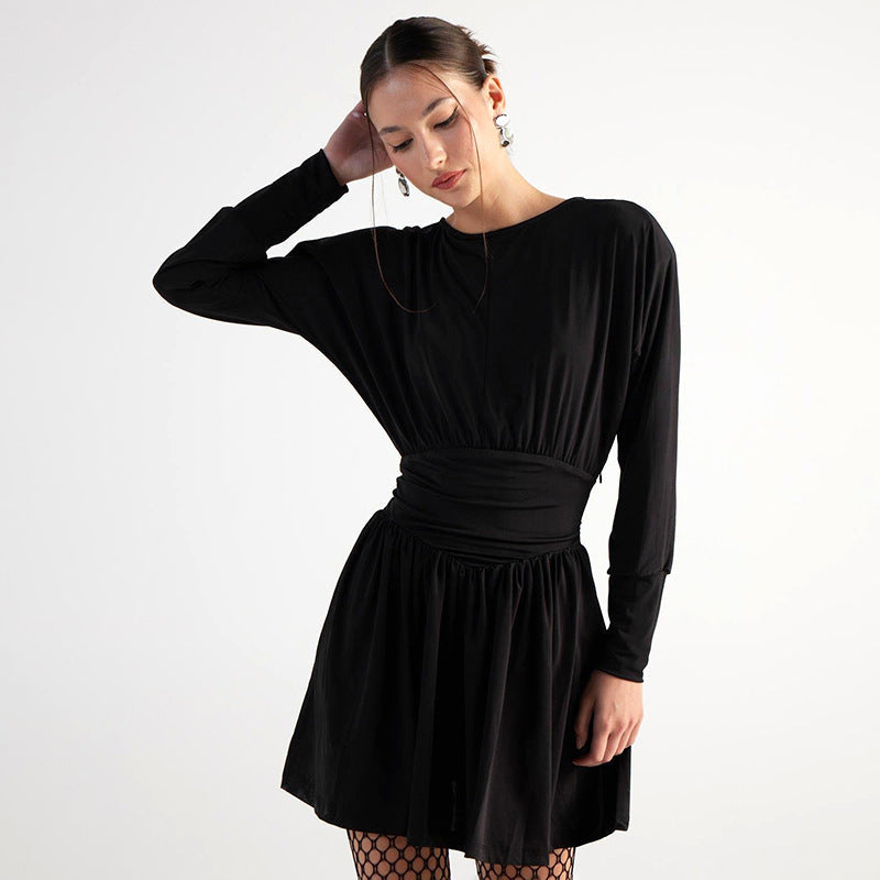 Women Clothing Solid Color Retro Long Sleeve Waist Tight Pleated Short Dress Black