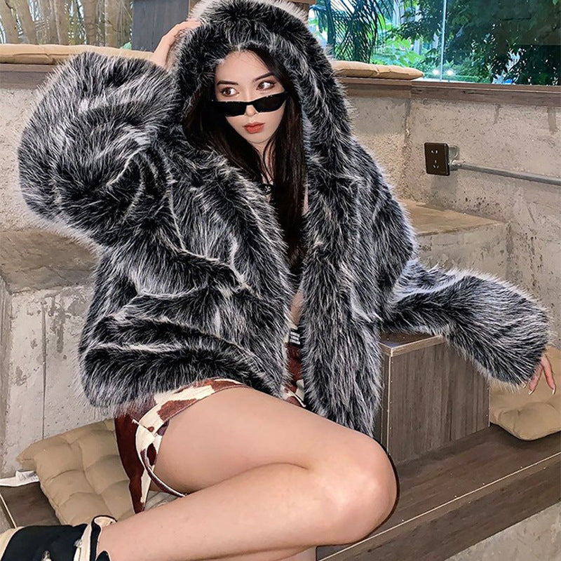 Women Faux Fox Fur Fur Hooded Jacket Women Online Influencer Winter Loose Fur Warm Lamb Wool Coat