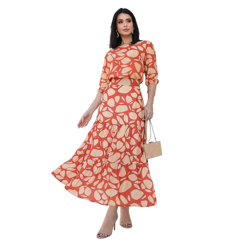 Women Printed Suit Skirt Elegant Round Neck Stitching A line Dress Multi