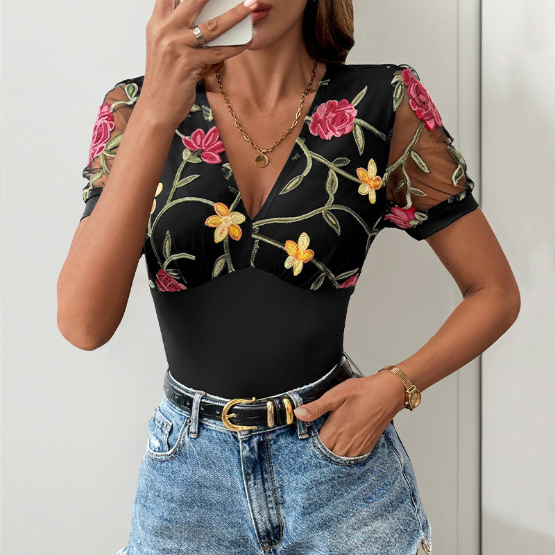 Women Summer V neck Mesh Stitching Jacquard Jumpsuit