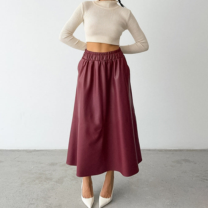 Wine Red Fleece lined Artificial Leather a Swing High Waist Skirt Autumn Winter Leather Skirt