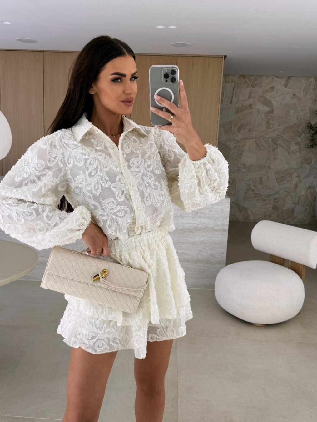 Women Summer Lace Hollowed Casual Long Sleeve Set Apricot