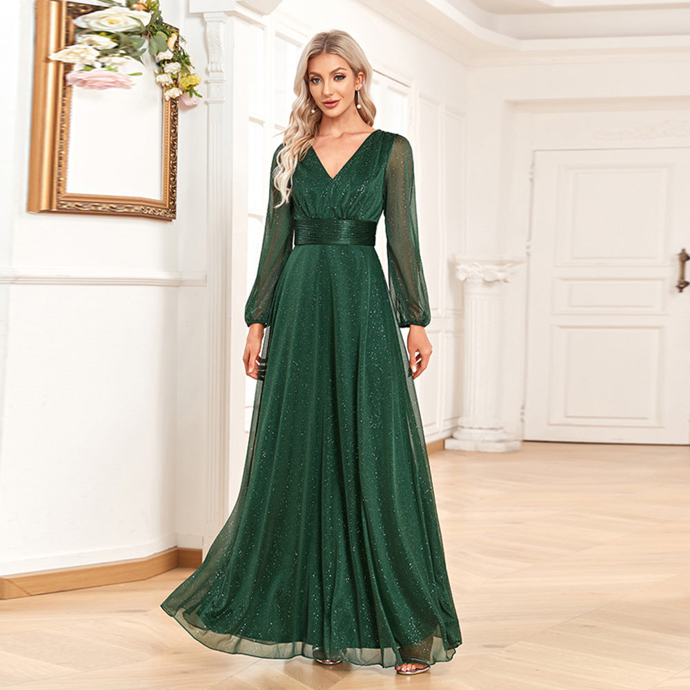 Women Elegant V Neck Shiny Chiffon Evening Dress A line Sheer Long Sleeve Wedding Party Dress Bridesmaid